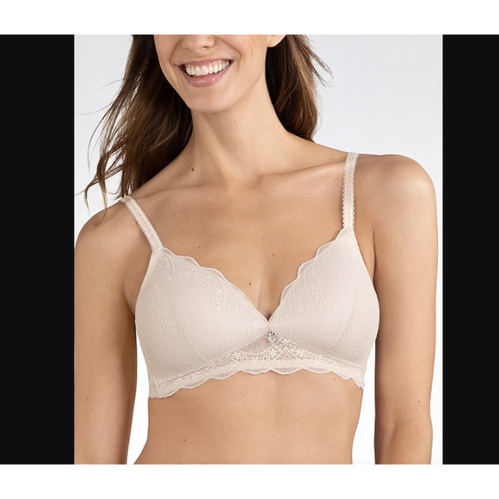 NWT Naturana Beige‎ Floral-Lace Scalloped-Edge Wireless Full-Coverage Bra